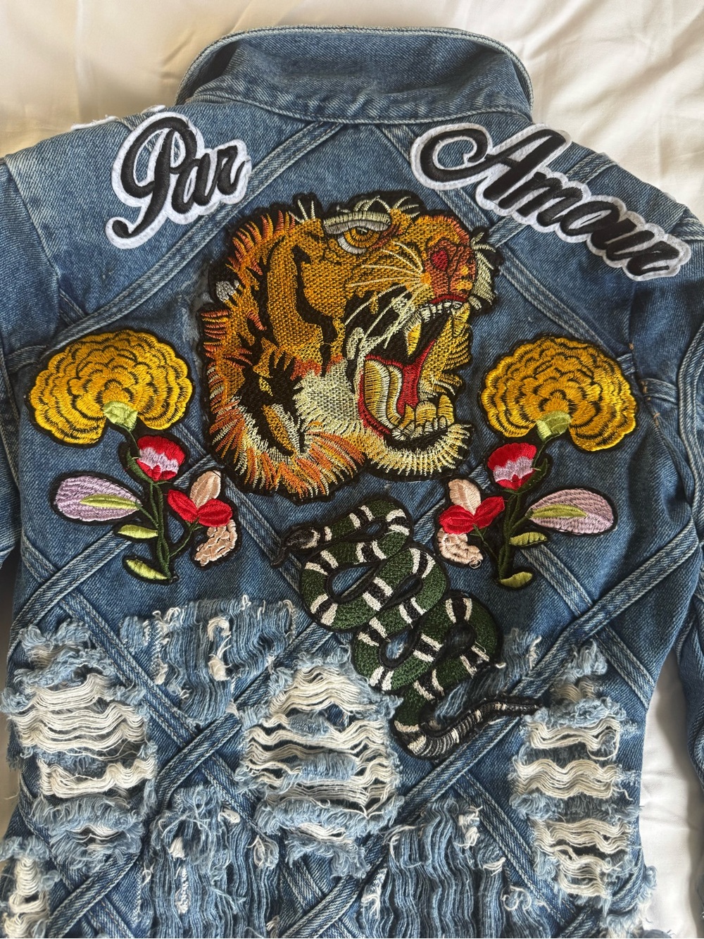 Embroidered Distressed Denim Jacket with Tiger, Snake & Floral Appliqués